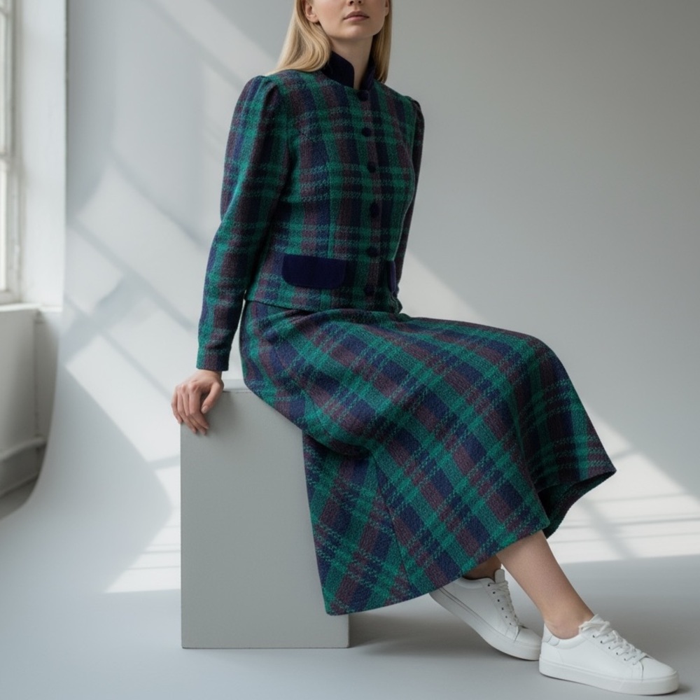 Vintage 80’s Handmade Plaid Tailored Cropped Jacket & A-Line Midi Skirt Set